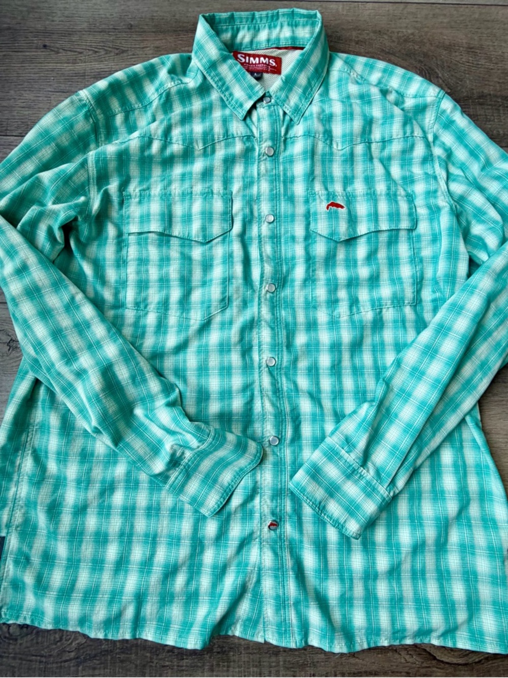 Simms Big Sky Pearl Snap Vented Long Sleeve Fast Dry Shirt Plaid Large